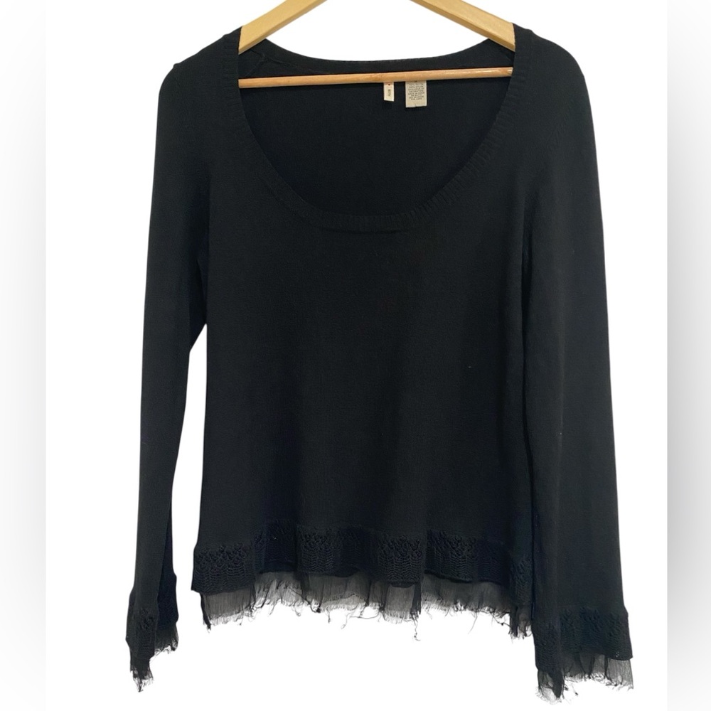 Moth Anthropologie Black Women's Scoop Neck Long-Sleeve Top with chiffon Trim